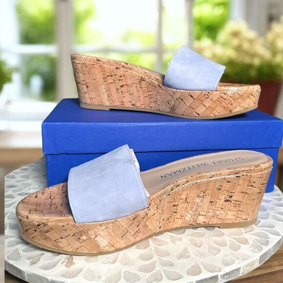 Stuart Weitzman $375 Summer Suede Leather Wedge Slide Sandals Cork Platform Slip - Picture 10 of 14